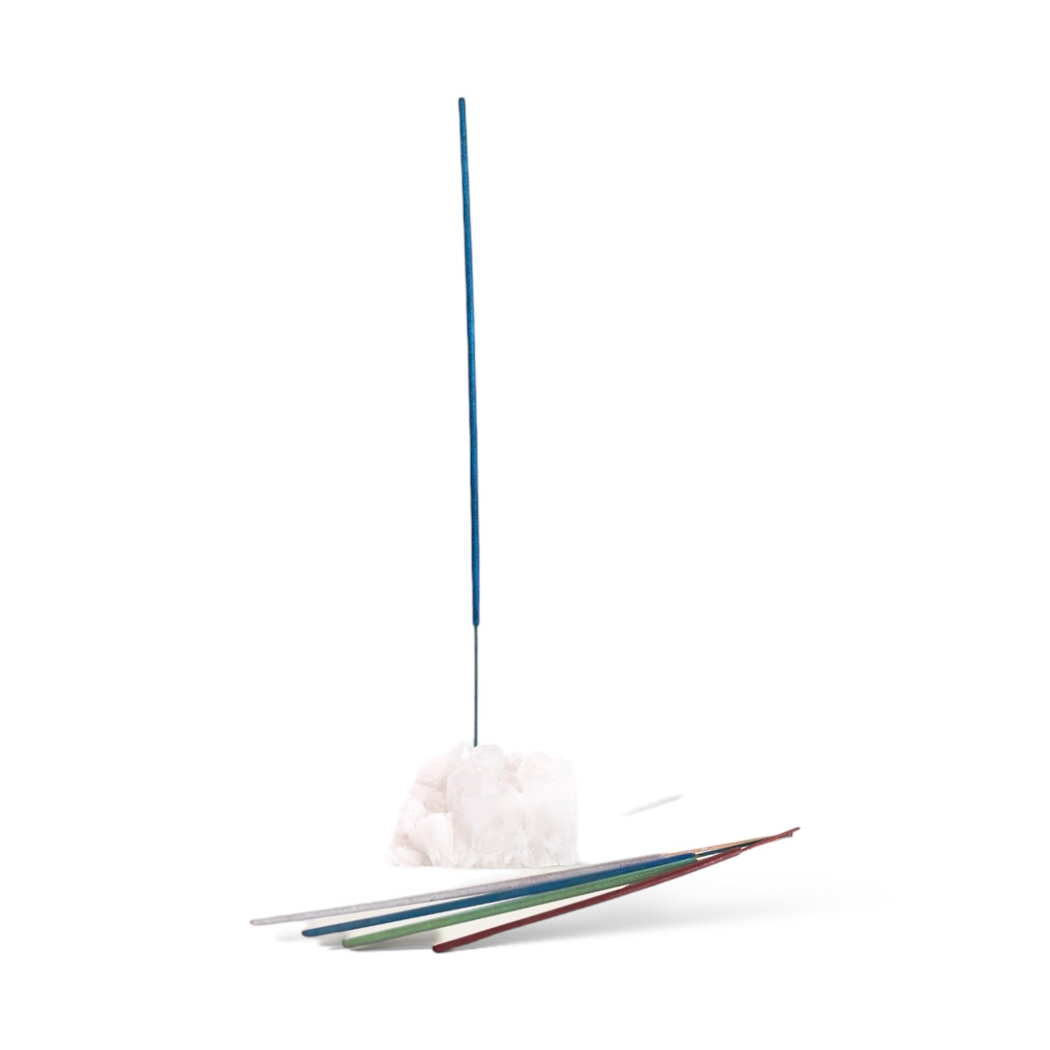 Clear Quartz Incense Holder Set with colorful incense sticks and a clear quartz holder for meditation.